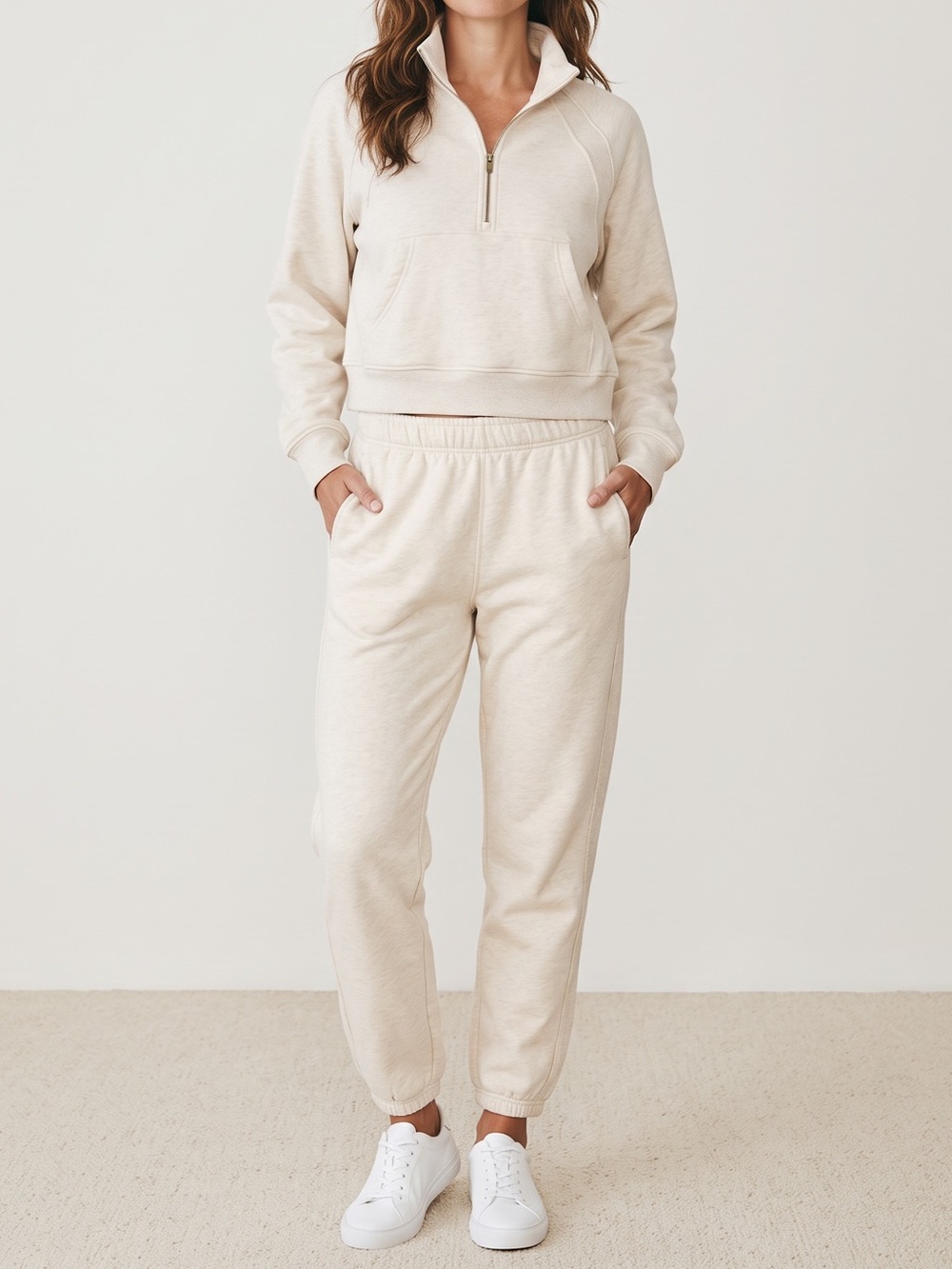 Cream Elastic-Waist Jogger Pants & Cropped Zip Collar Crew Neck Sweater Pull-On